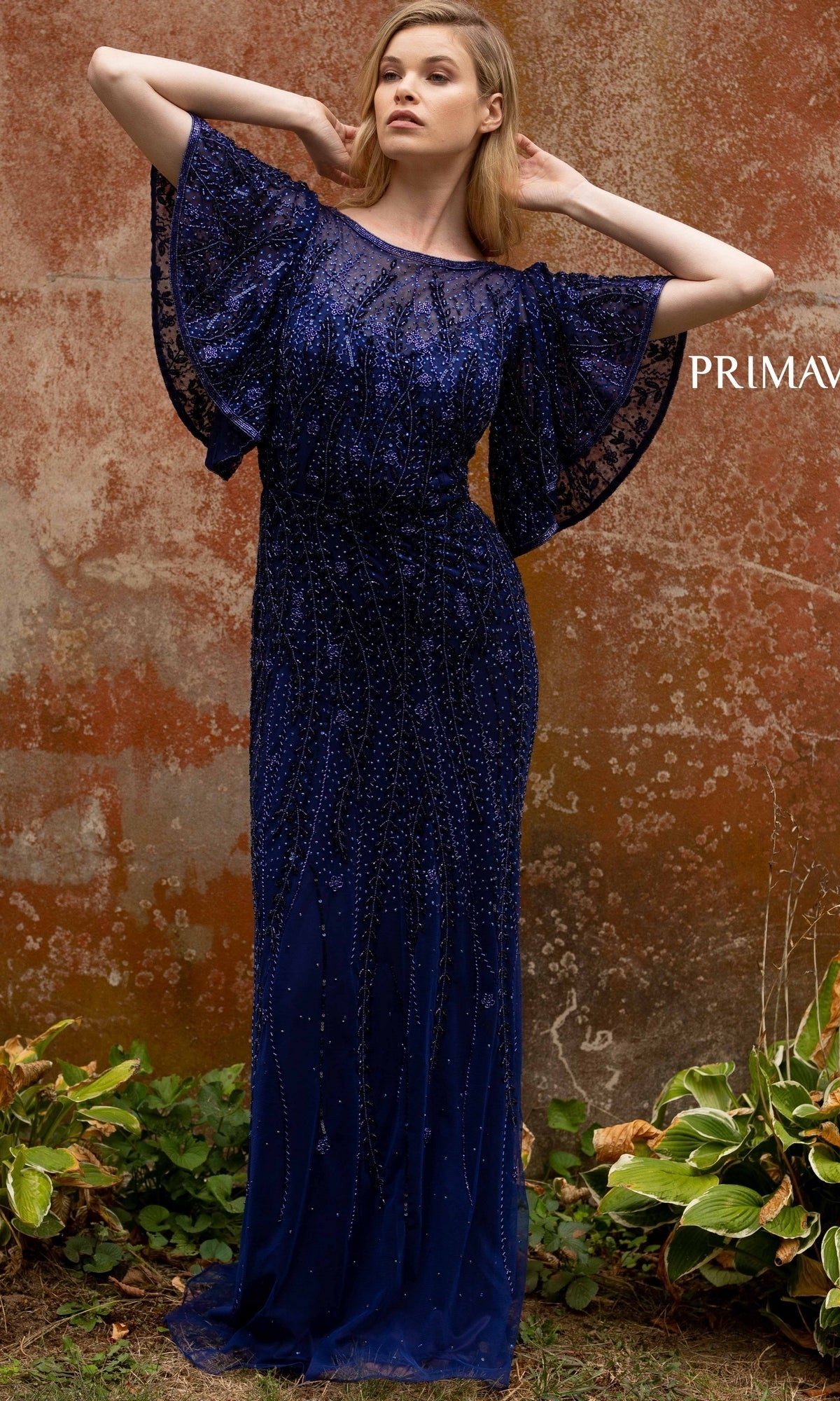 Short Sleeve Long Beaded Evening Gown Midnight / 18 Short Sleeve Long Beaded Evening Gown Midnight / 18