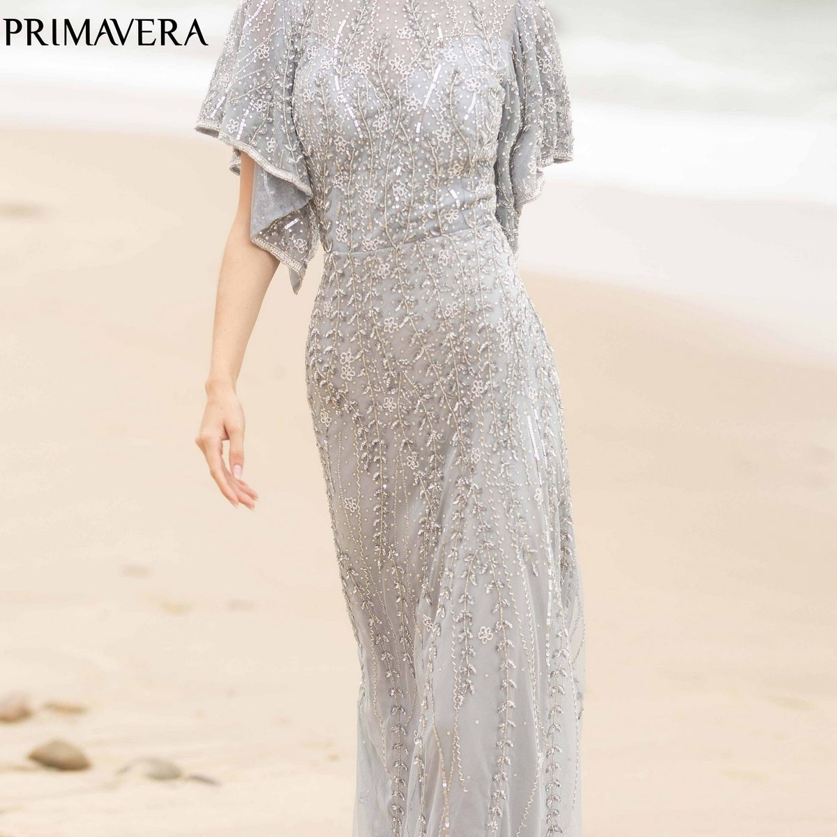 Short Sleeve Long Beaded Evening Gown Midnight / 18