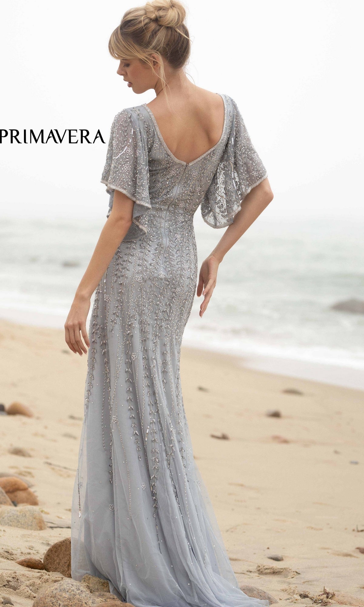 Short Sleeve Long Beaded Evening Gown Midnight / 18 Short Sleeve Long Beaded Evening Gown Midnight / 18