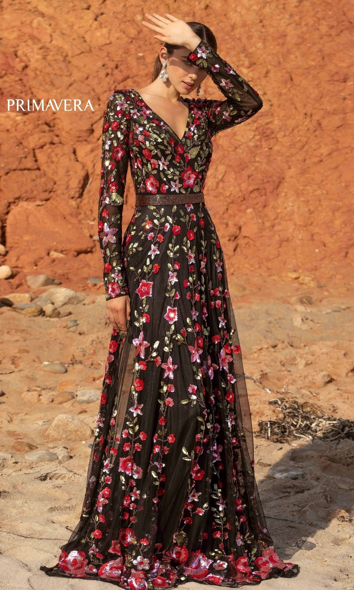 Black Multi Floral-Beaded Long Sleeve Long A-Line Gown 3691