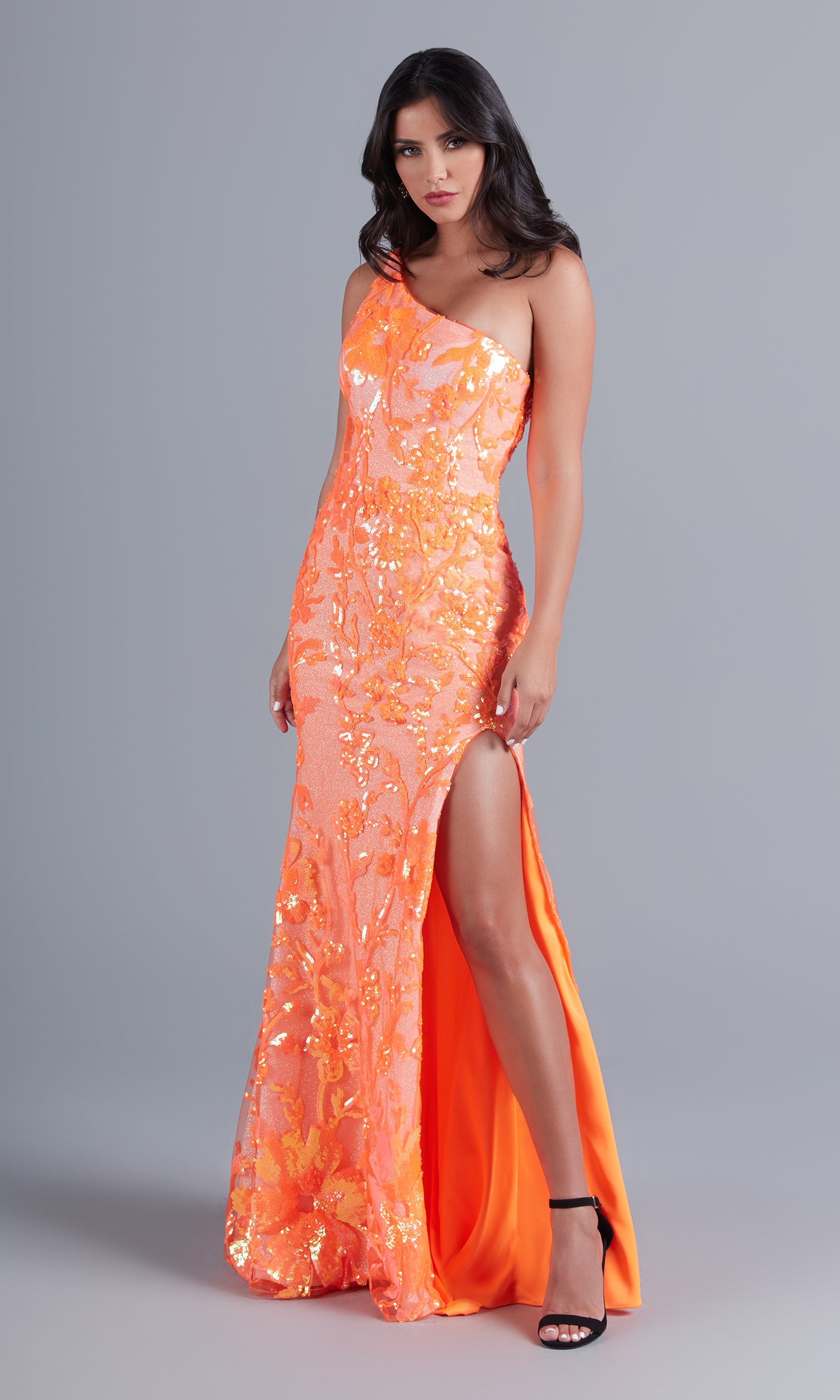 Neon Orange One-Shoulder-Sash Long Neon Designer Prom Dress