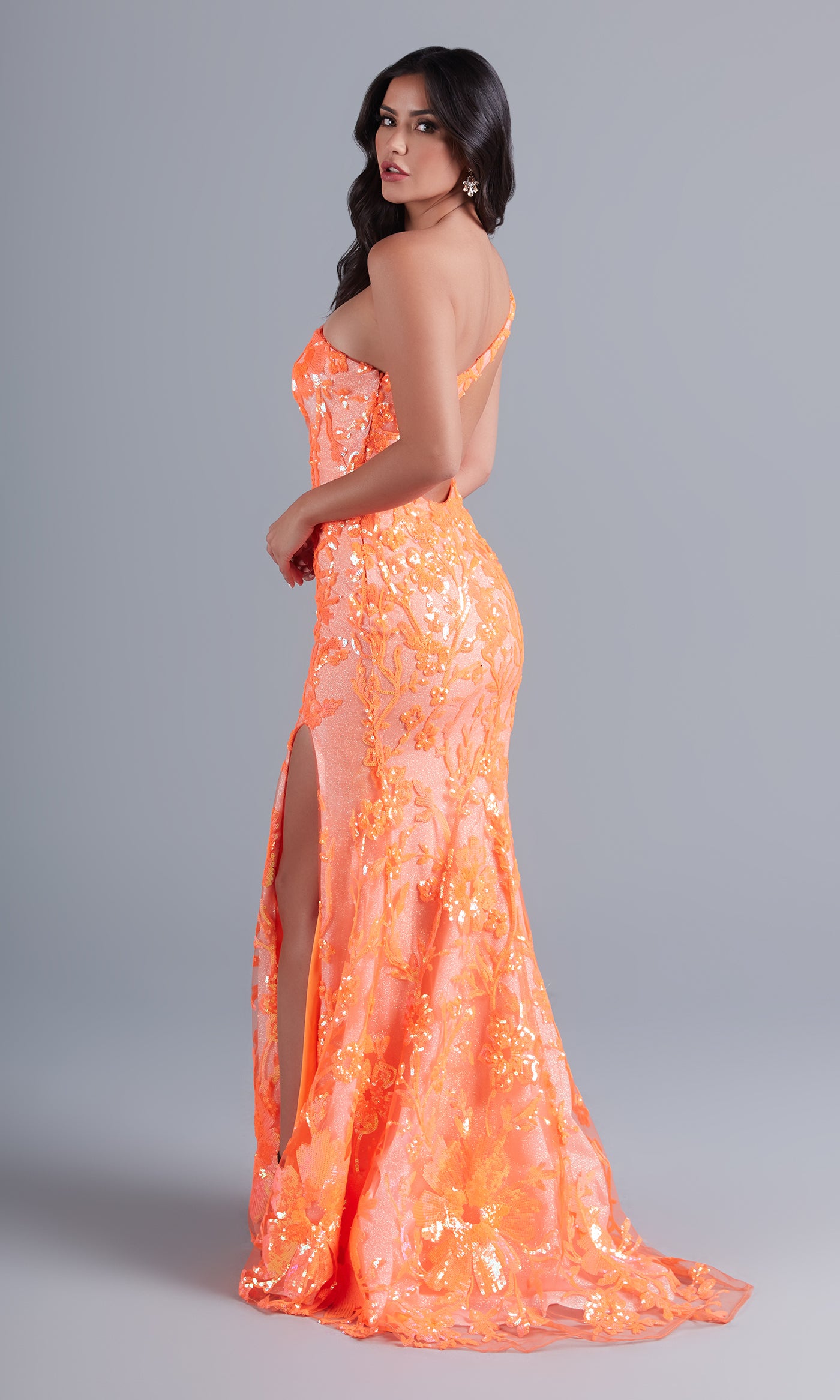 Long Neon Designer Prom Dress with Shoulder Sash Long Neon Designer Prom Dress with Shoulder Sash