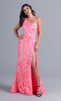 Hot Pink One-Shoulder-Sash Long Neon Designer Prom Dress