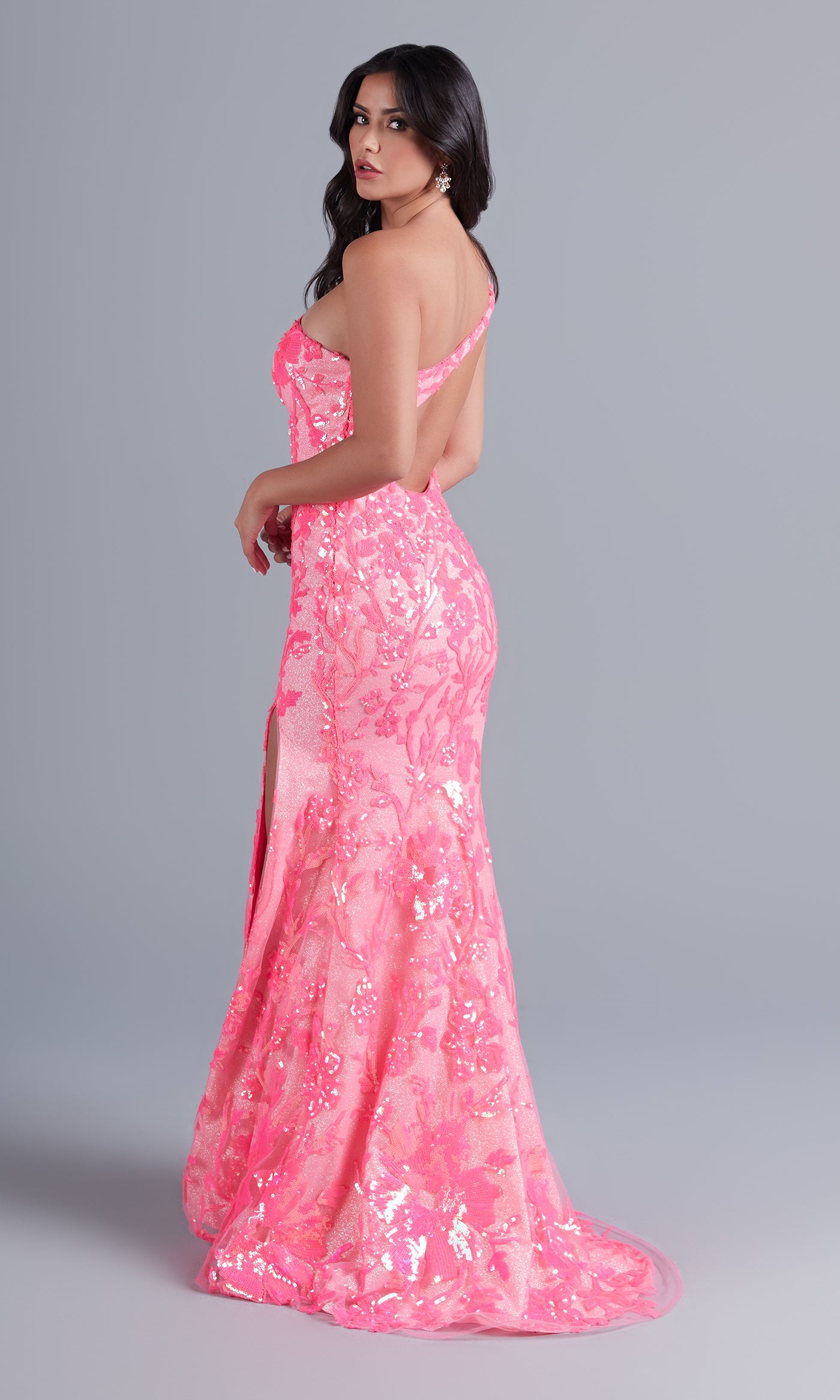 Long Neon Designer Prom Dress with Shoulder Sash Long Neon Designer Prom Dress with Shoulder Sash
