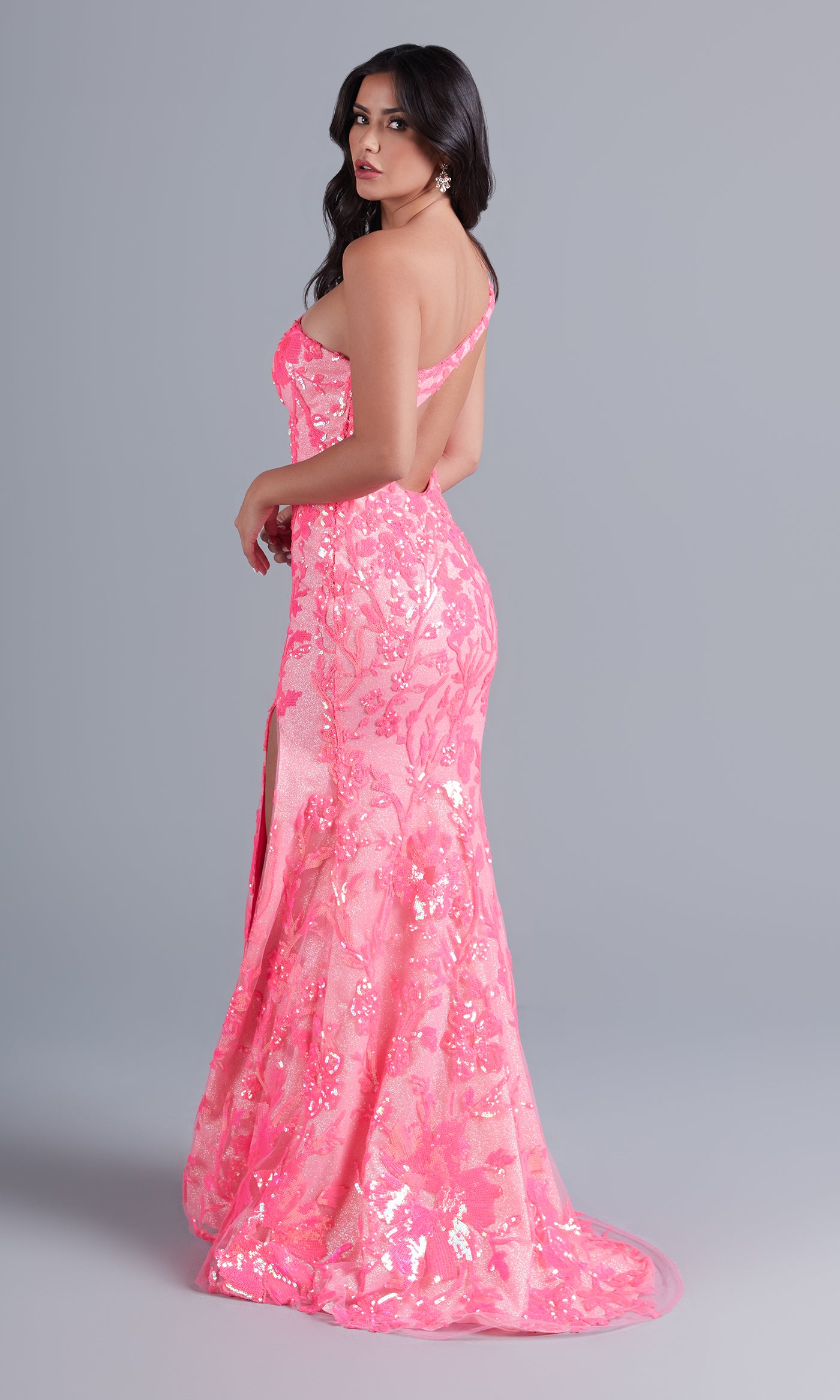  One-Shoulder-Sash Long Neon Designer Prom Dress