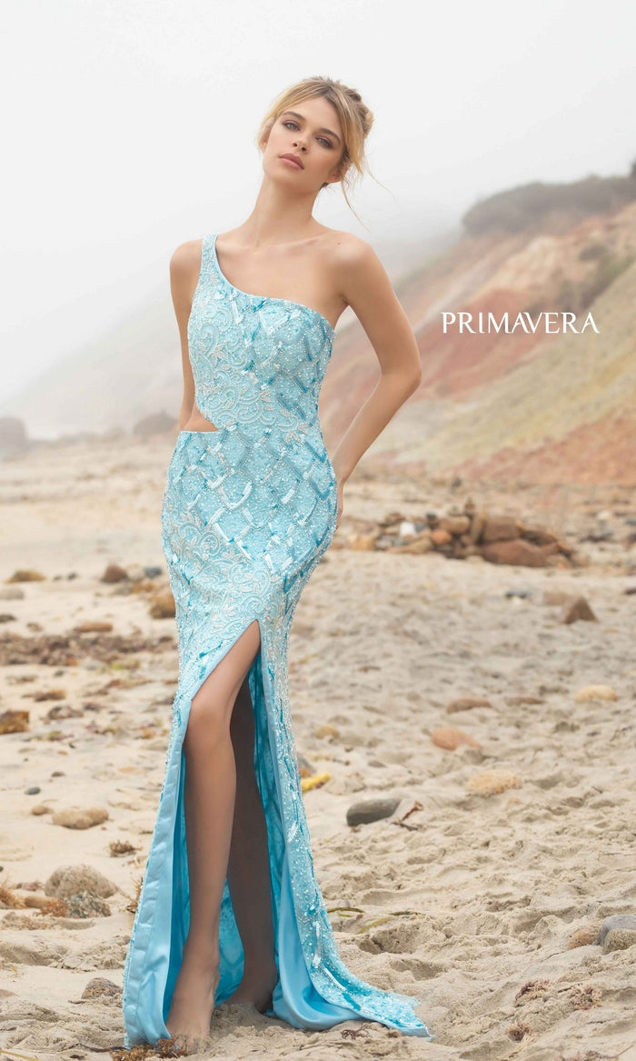 Light Turquoise One-Shoulder Cut-Out Long Sequin Dress 3729