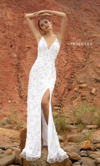 Ivory Primavera Floral-Beaded Long Formal Dress 3731