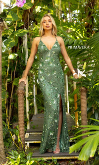 Sage Green Primavera Floral-Beaded Long Formal Dress 3731