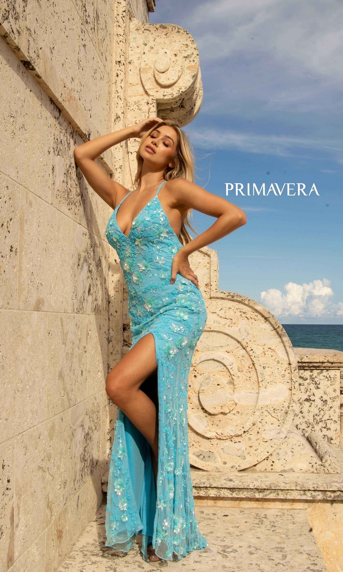 Turquoise Primavera Floral-Beaded Long Formal Dress 3731