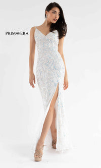 Ivory Open-Back Long Sequin Evening Gown 3749
