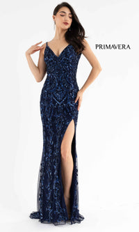 Midnight Open-Back Long Sequin Evening Gown 3749