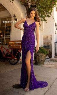 Purple Open-Back Long Sequin Evening Gown 3749
