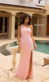 Baby Pink Strappy-Back One-Shoulder Long Sequin Prom Dress 3761