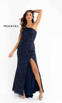 Midnight Strappy-Back One-Shoulder Long Sequin Prom Dress 3761