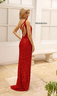  Strappy-Back One-Shoulder Long Sequin Prom Dress 3761