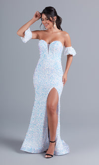  Puff-Sleeve Strapless Long White Sequin Prom Dress