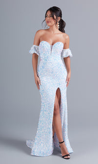 White Puff-Sleeve Strapless Long White Sequin Prom Dress