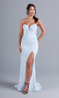  Puff-Sleeve Strapless Long White Sequin Prom Dress