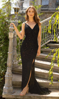 Black Backless Long Beaded V-Neck Formal Dress 3904