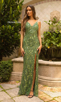 Sage Green Primavera Deep V-Back Long Sequin Prom Dress 3913