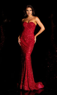 Red Strapless Sweetheart Long Sequin Prom Dress 391