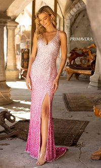 Pink Ombre Strappy Ombre Long Sequin Formal Dress 3922