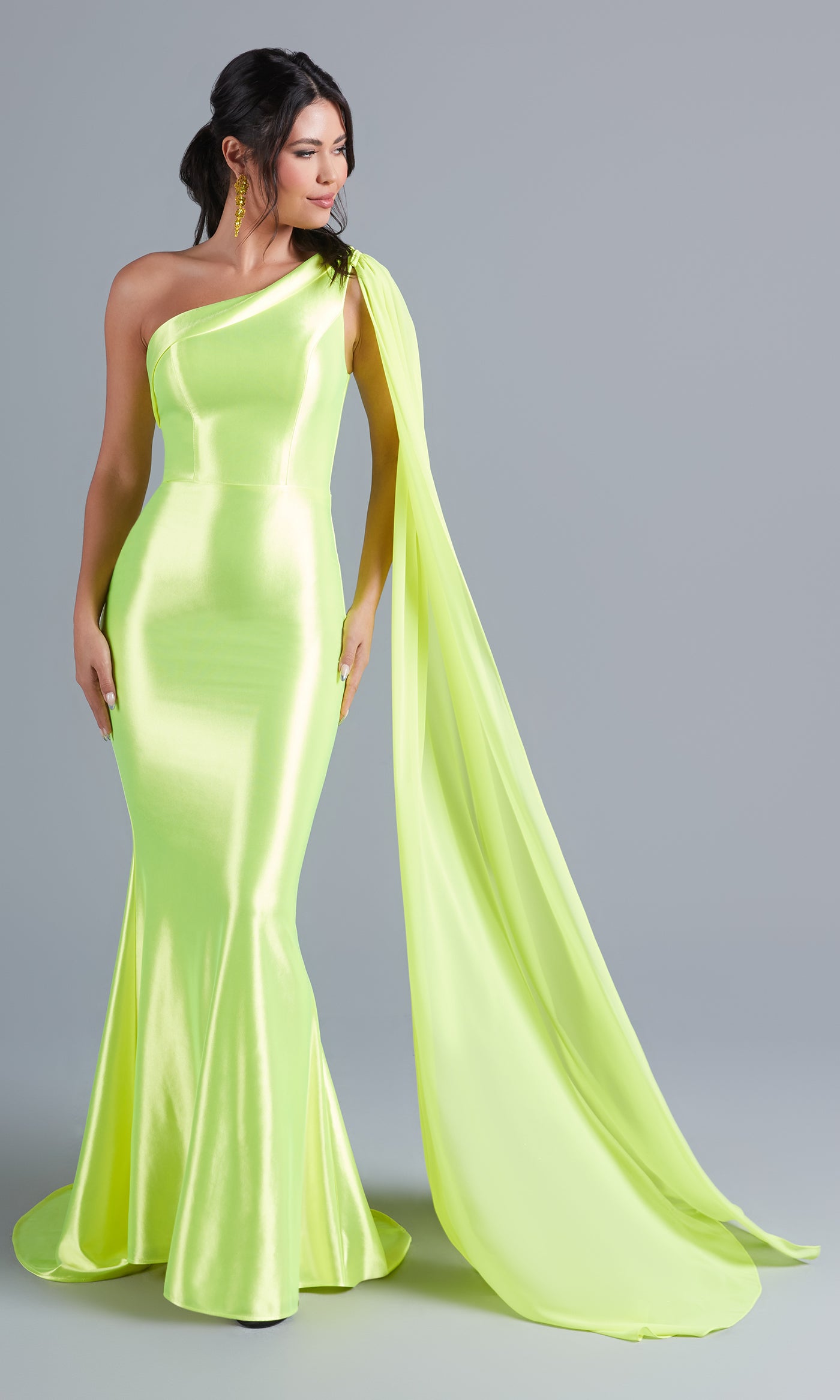 Neon Long Prom Dress with Detachable Cape