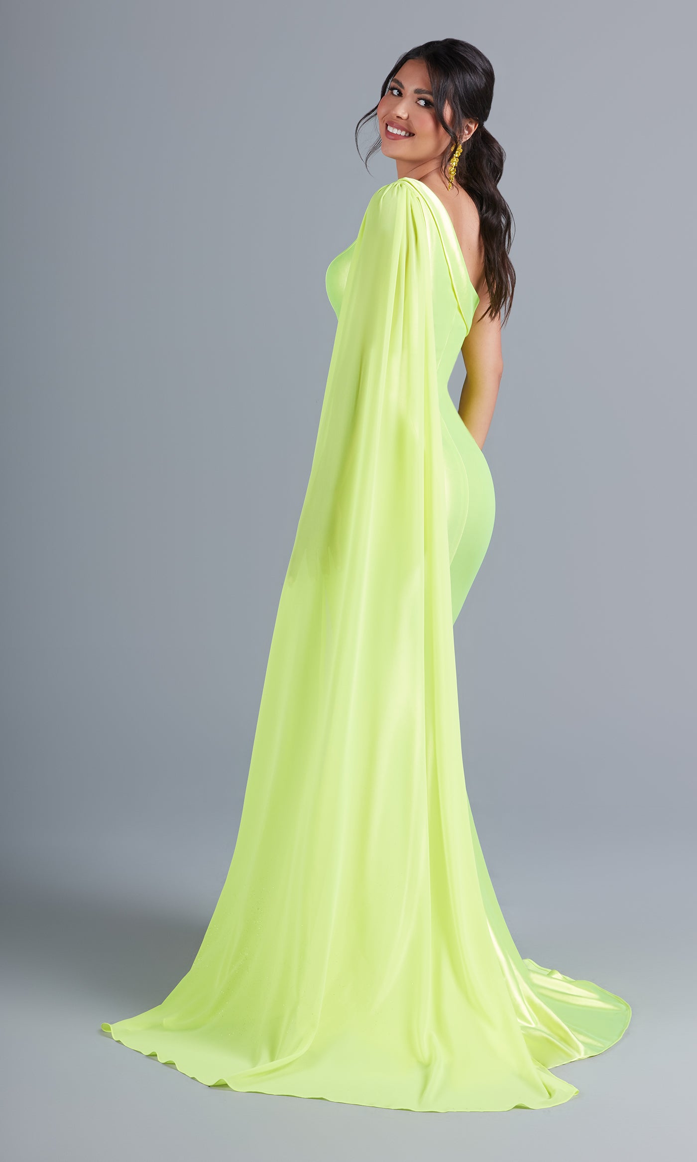  Neon Long Prom Dress with Detachable Cape