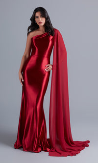  One-Shoulder Long Formal Prom Dress with Cape