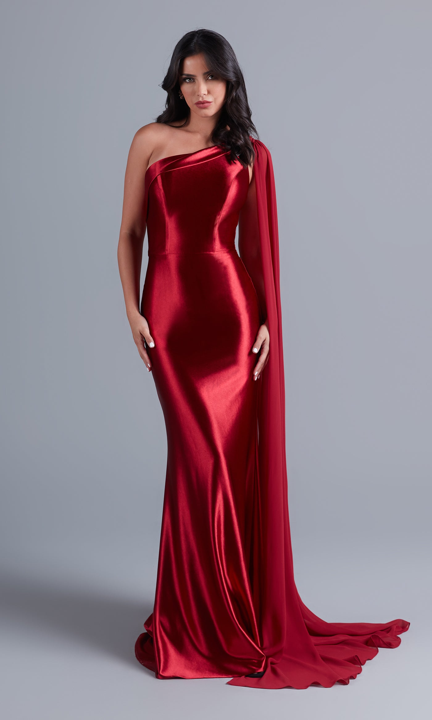  One-Shoulder Long Formal Prom Dress with Cape