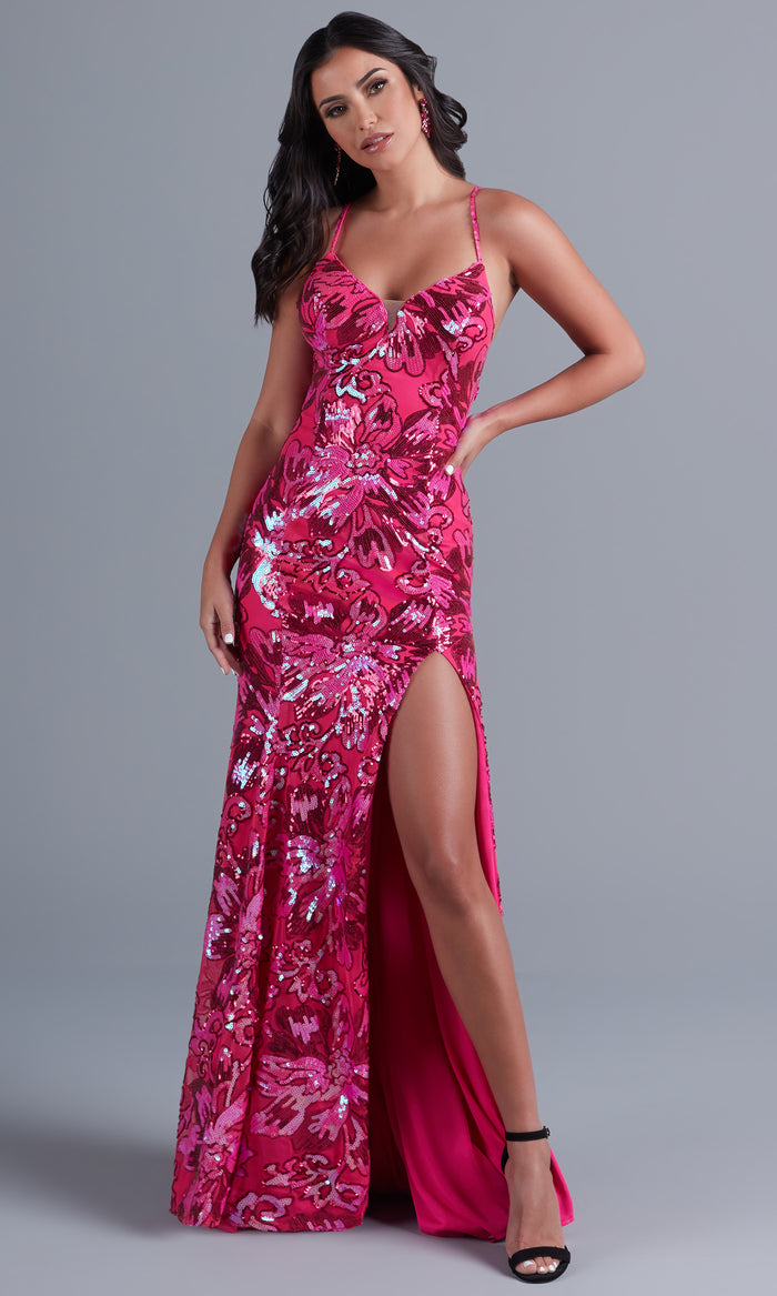 Hot Pink Backless Bright Long Sequin Formal Dress