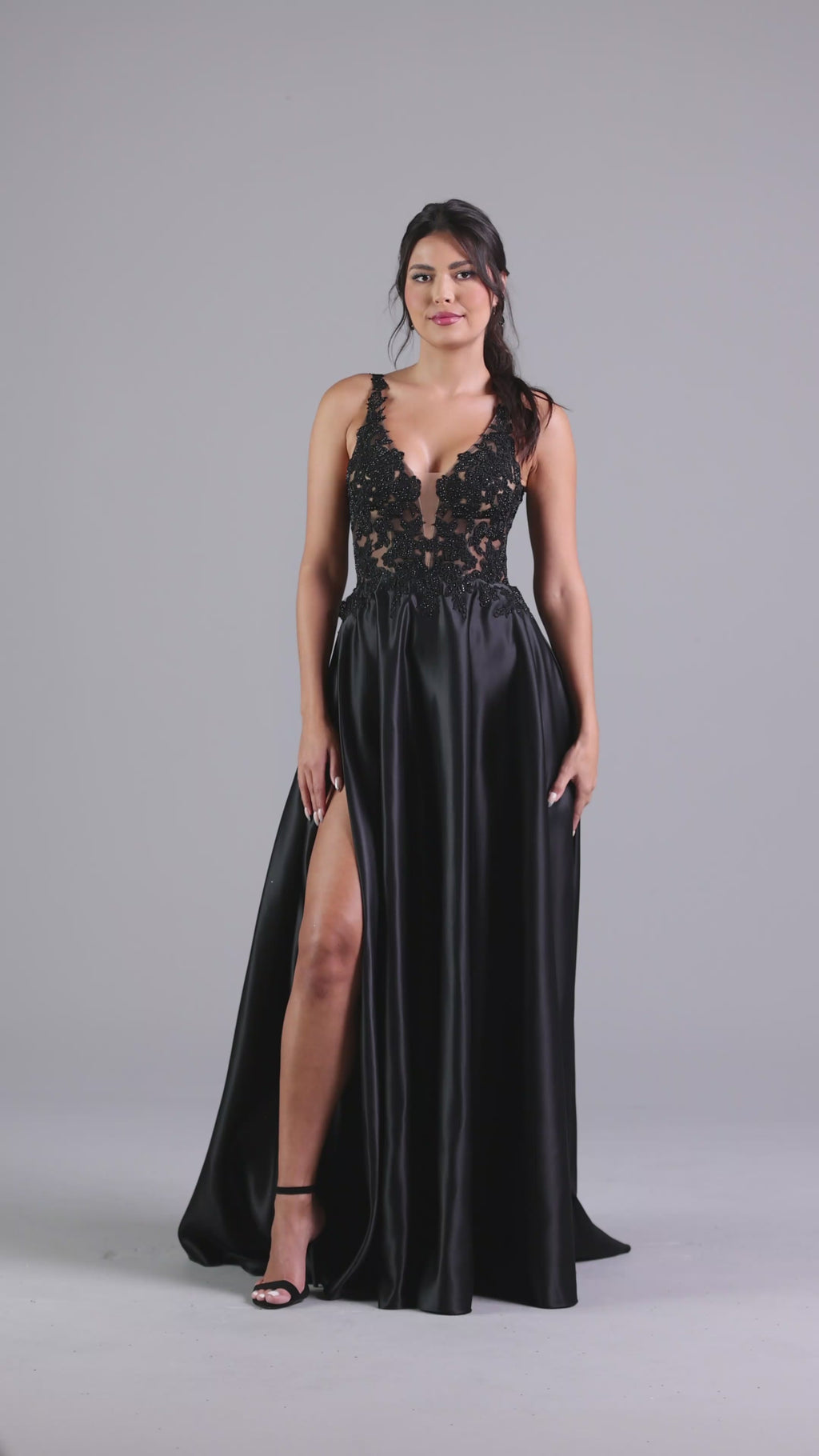 Long Black Formal Dress with Sheer Lace Bodice