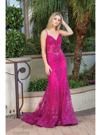 Fuchsia Corset-Bodice Long Sparkly Beaded Formal Dress