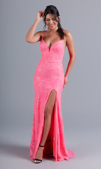 Hot Pink Iridescent-Sequin Long Sexy Formal Dress for Prom