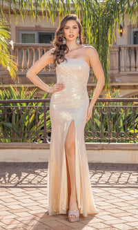 Champagne One-Shoulder Long Sequin Prom Dress 4301