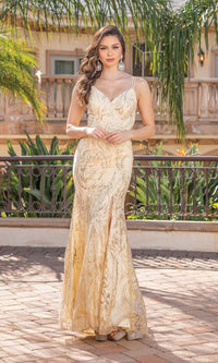 Gold Glitter-Print Long Prom Dress with Sheer Sides
