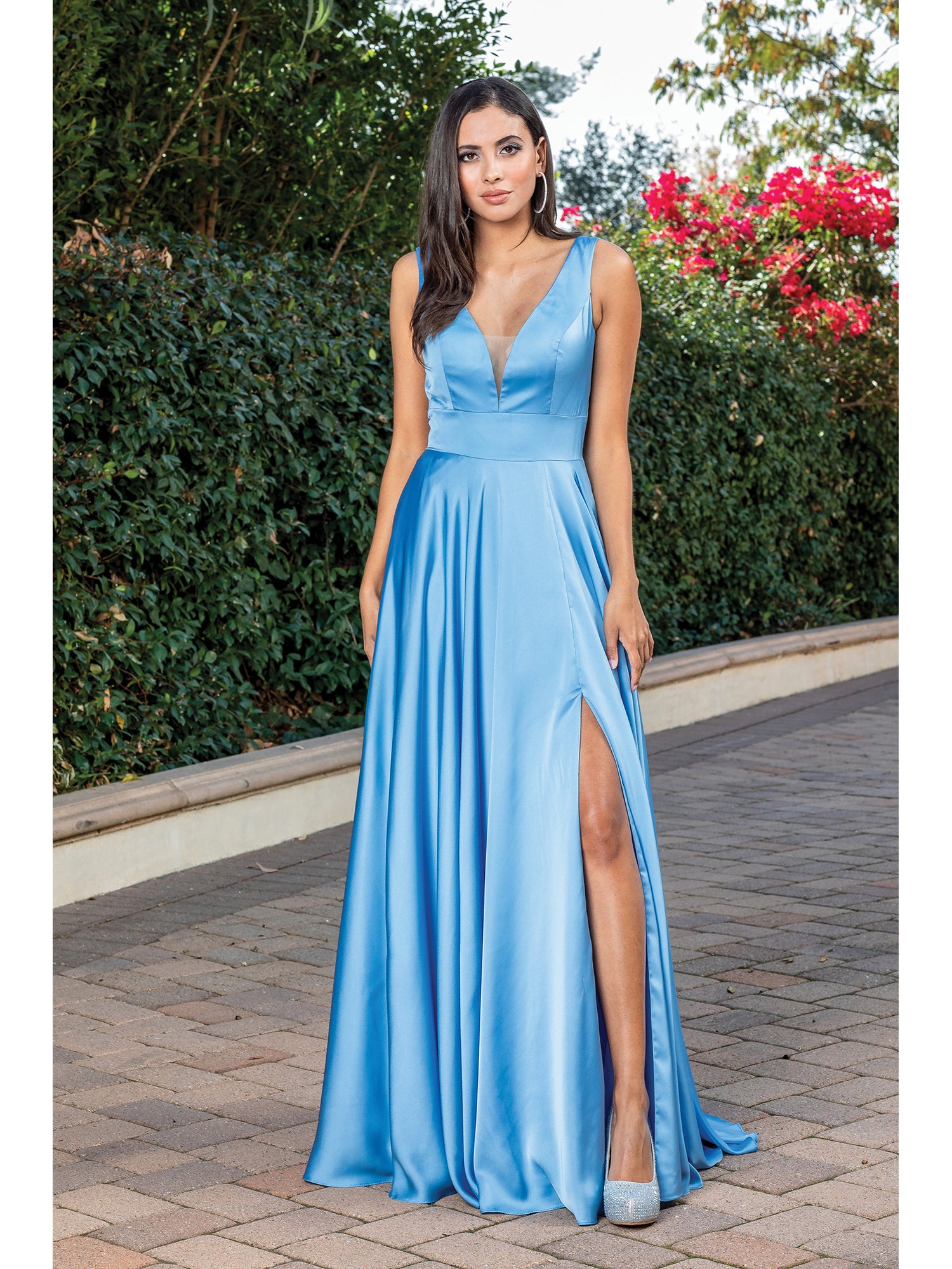 Perry Blue Satin A-Line Classic Long Prom Dress
