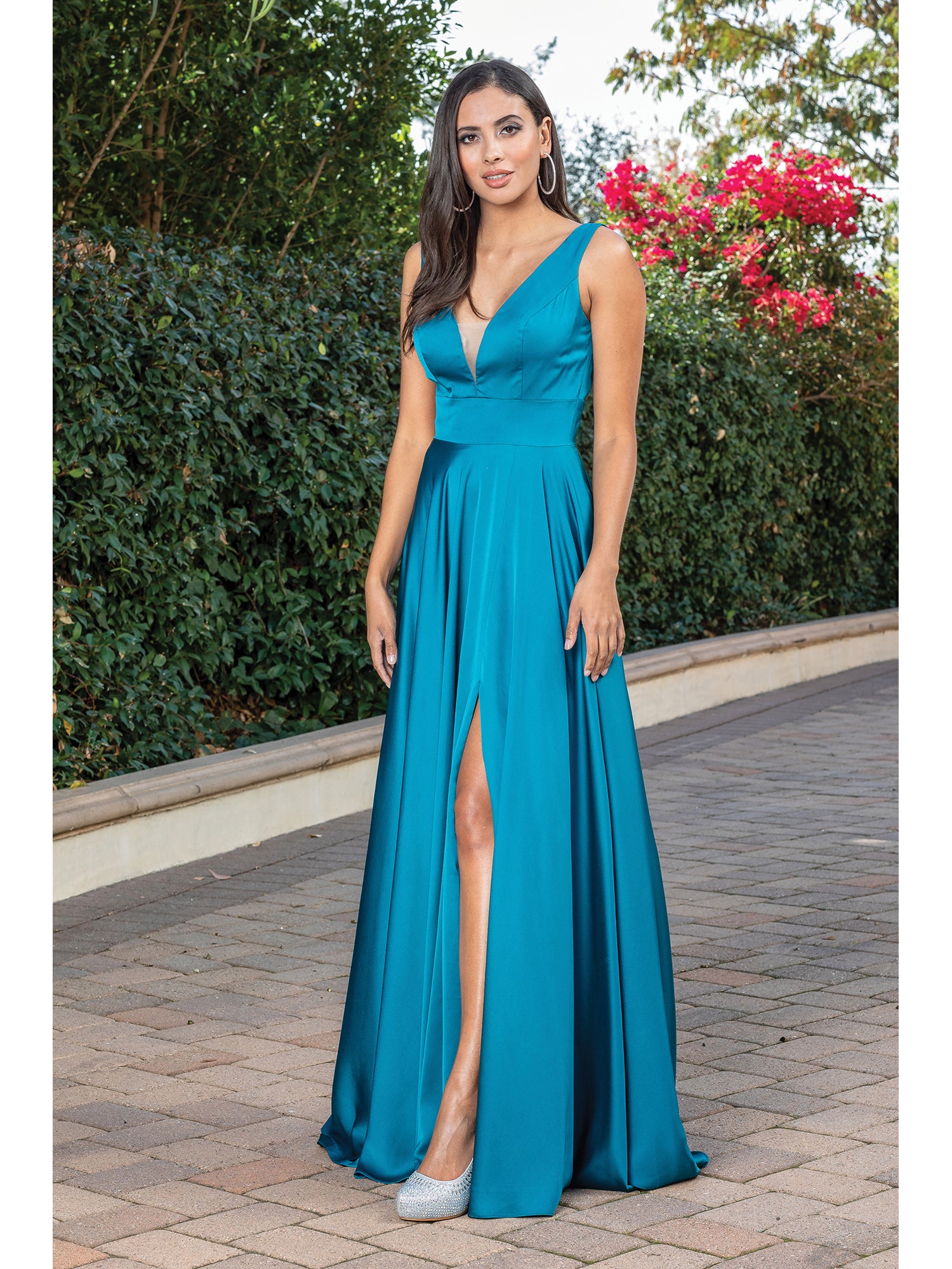 Teal Satin A-Line Classic Long Prom Dress