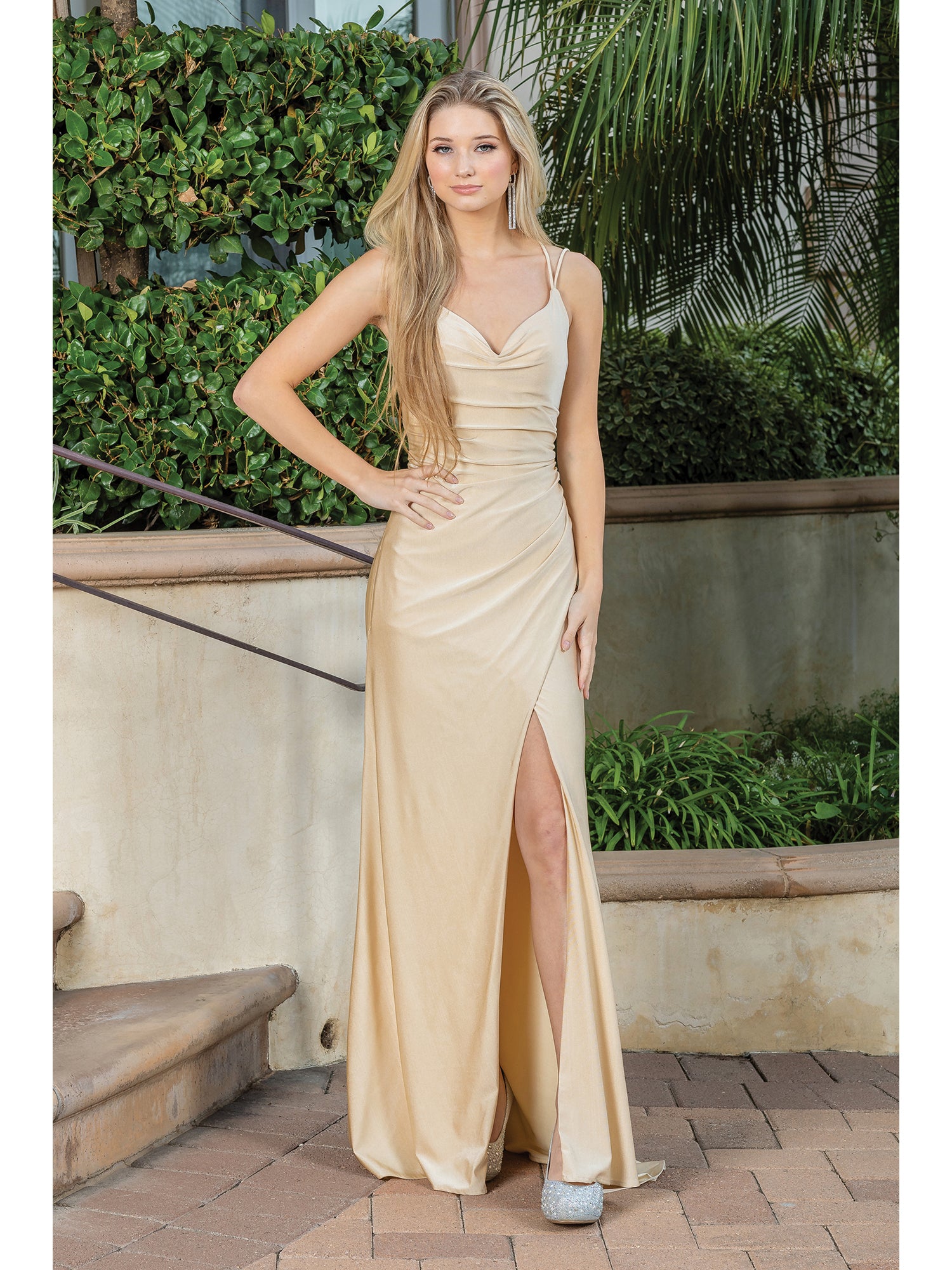 Champagne Cowl-Neck Long Wrap-Style Prom Dress