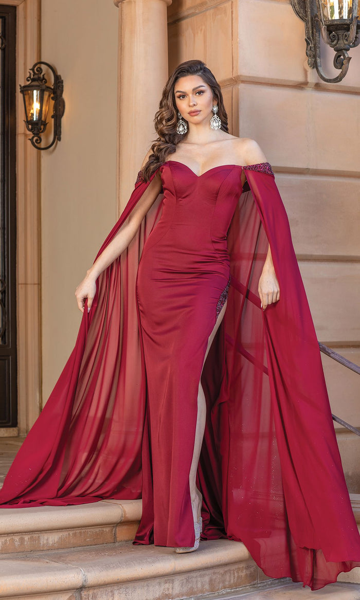 Burgundy Cape-Sleeve Embellished Long Formal Gown 4306