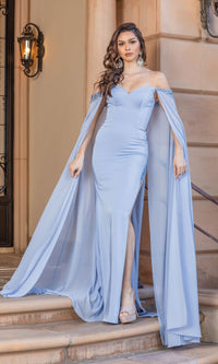 Dusty Blue Cape-Sleeve Embellished Long Formal Gown 4306