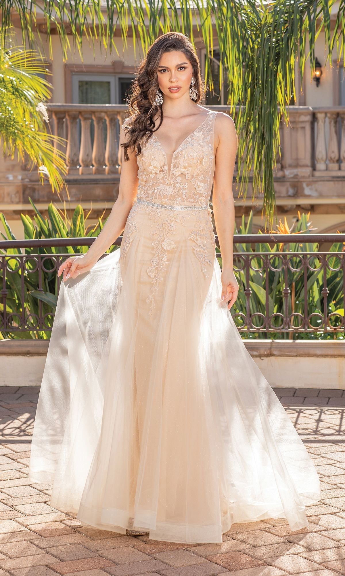 Sheer-Bodice Prom Dress with Glitter - PromGirl Champagne / 3XLarge Sheer-Bodice Prom Dress with Glitter - PromGirl Champagne / 3XLarge