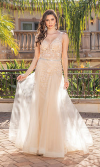 Champagne Floral-Embellished Long V-Neck Prom Dress 4311