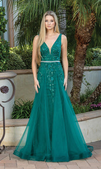 Hunter Green Floral-Embellished Long V-Neck Prom Dress 4311