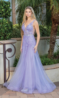 Lilac Floral-Embellished Long V-Neck Prom Dress 4311