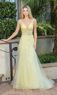 Yellow Floral-Embellished Long V-Neck Prom Dress 4311
