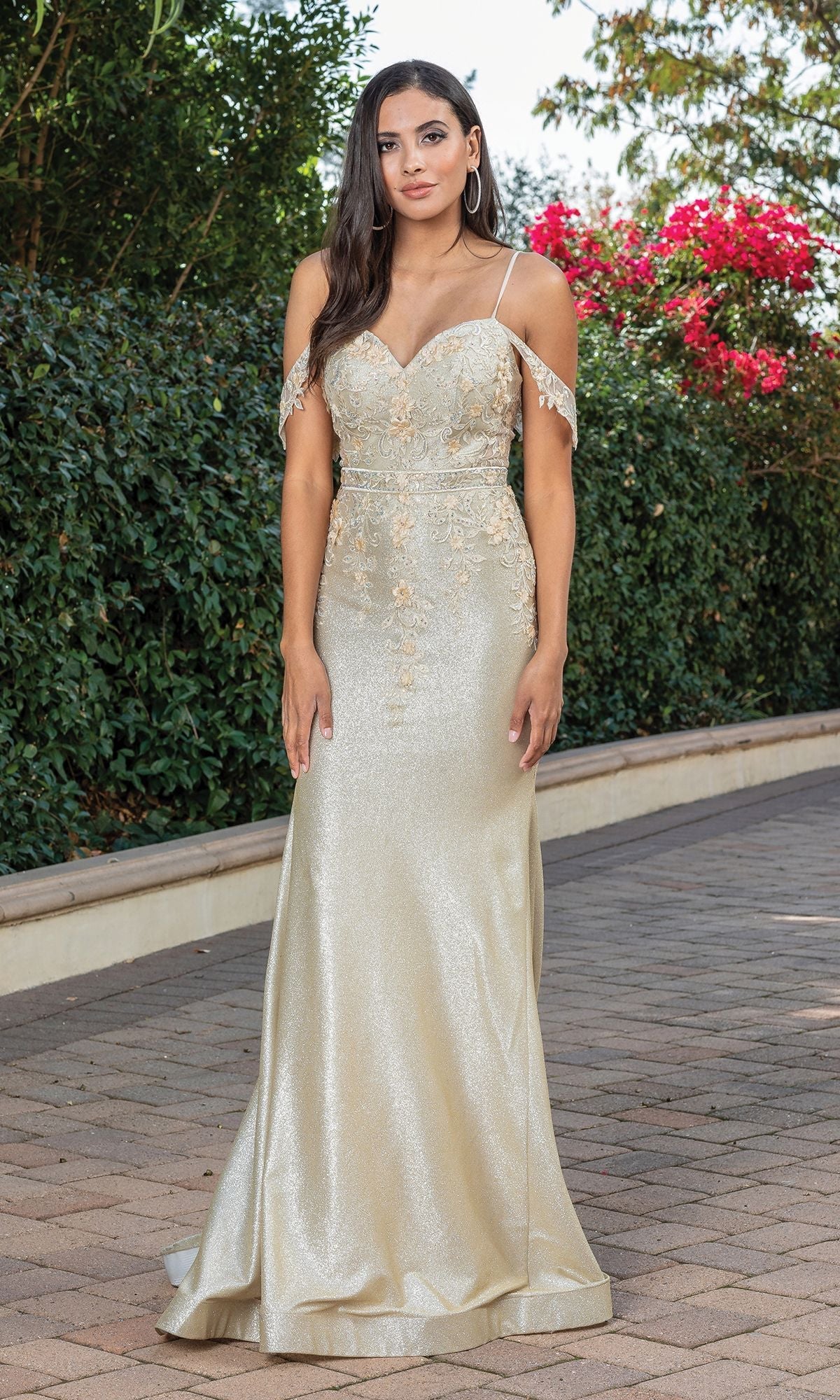Champagne Embellished Cold-Shoulder Long Glitter Prom Dress
