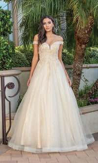 Champagne Off-the-Shoulder Glitter-Tulle Long Prom Ball Gown