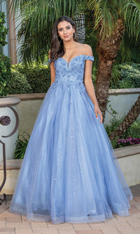 Dusty Blue Off-the-Shoulder Glitter-Tulle Long Prom Ball Gown