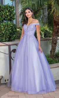 Lilac Off-the-Shoulder Glitter-Tulle Long Prom Ball Gown